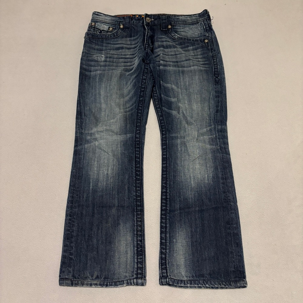 Rock Revival Steven Straight Mens Jeans Blue Whisker Flap Pocket Y2K Sz 33 35x29